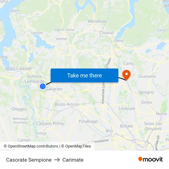 Casorate Sempione to Carimate map