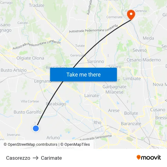 Casorezzo to Carimate map