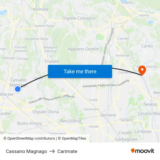 Cassano Magnago to Carimate map