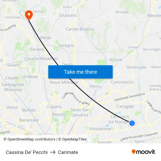 Cassina De' Pecchi to Carimate map