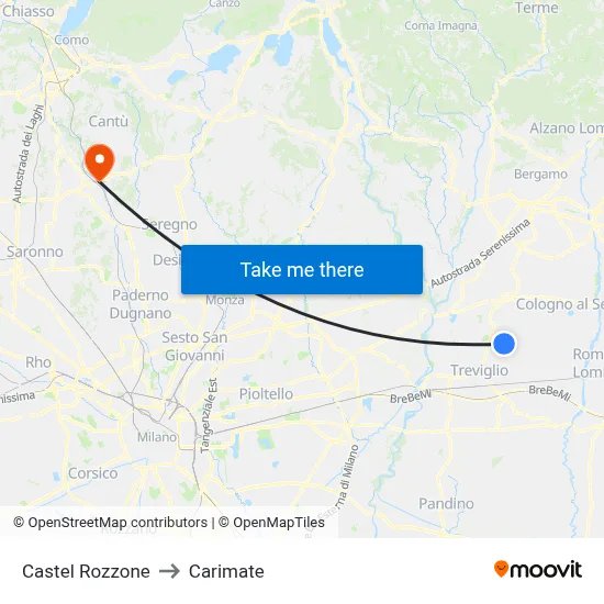 Castel Rozzone to Carimate map