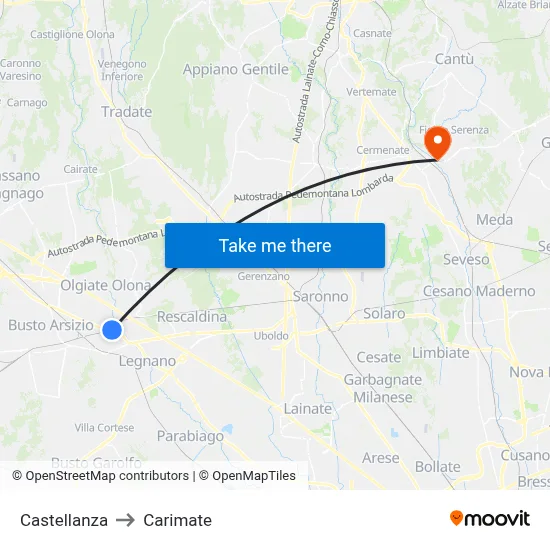 Castellanza to Carimate map