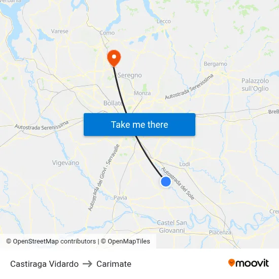 Castiraga Vidardo to Carimate map