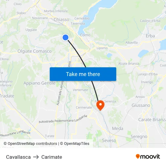 Cavallasca to Carimate map