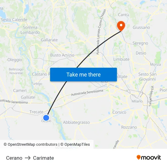 Cerano to Carimate map