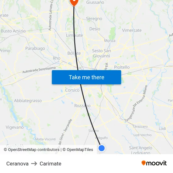 Ceranova to Carimate map