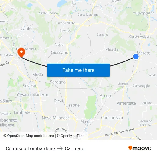 Cernusco Lombardone to Carimate map