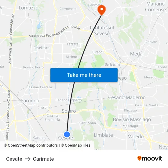 Cesate to Carimate map