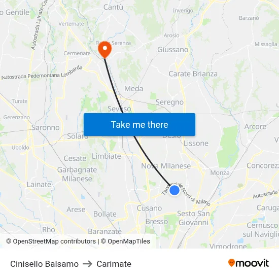 Cinisello Balsamo to Carimate map
