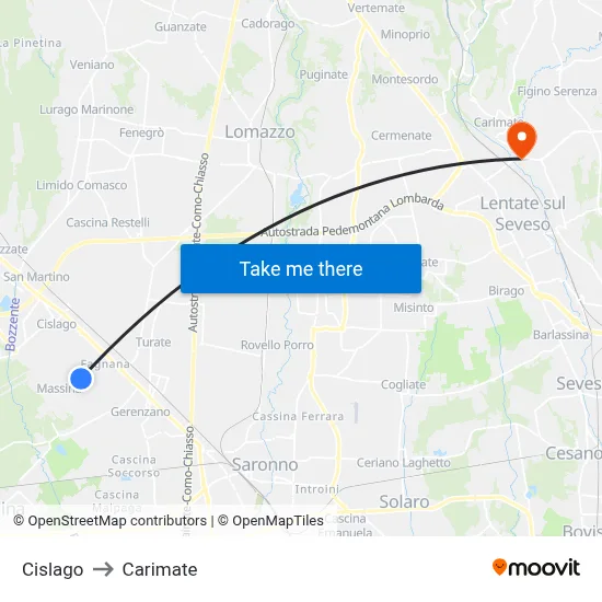 Cislago to Carimate map