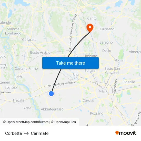 Corbetta to Carimate map