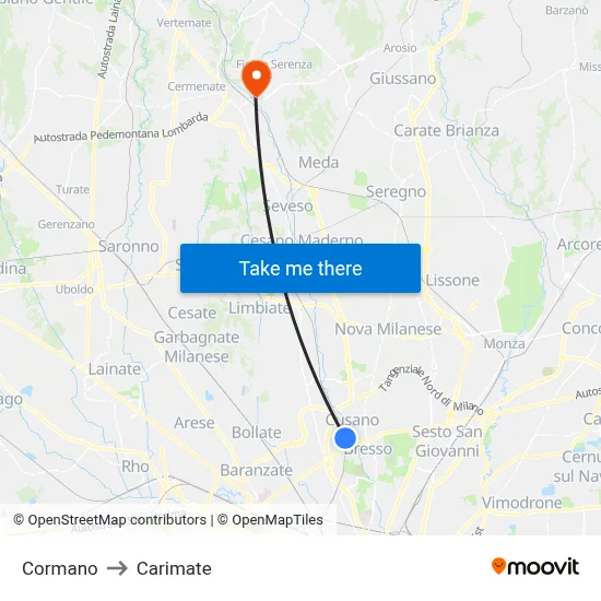 Cormano to Carimate map