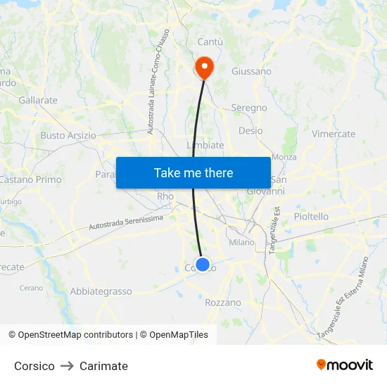 Corsico to Carimate map
