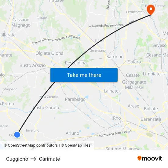 Cuggiono to Carimate map