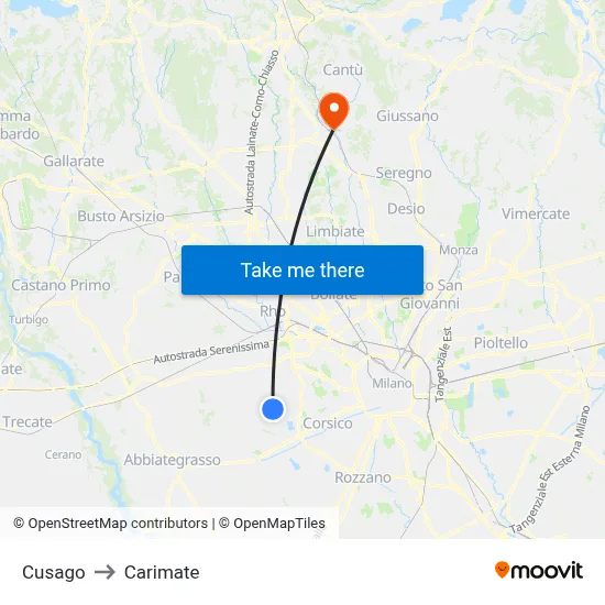 Cusago to Carimate map
