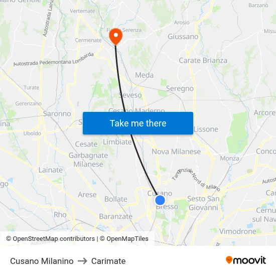 Cusano Milanino to Carimate map