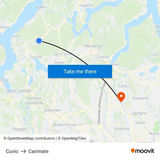 Cuvio to Carimate map