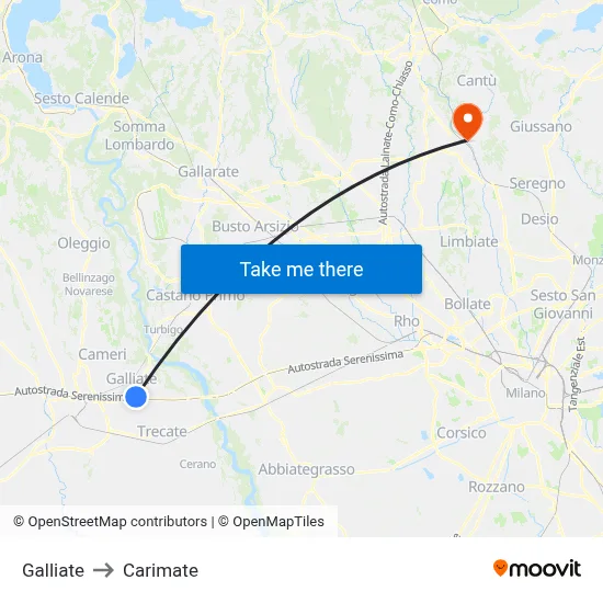 Galliate to Carimate map