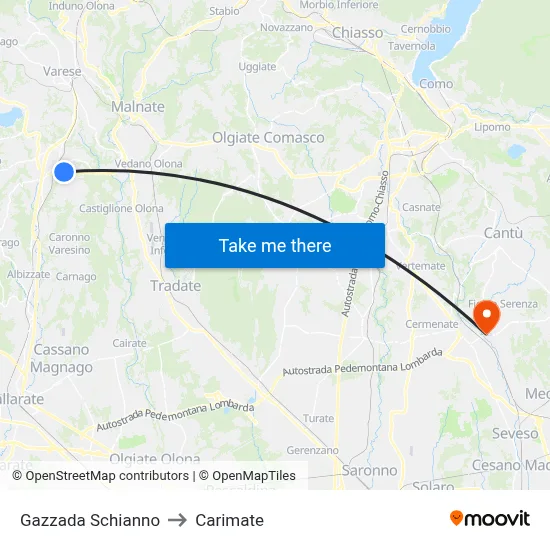 Gazzada Schianno to Carimate map
