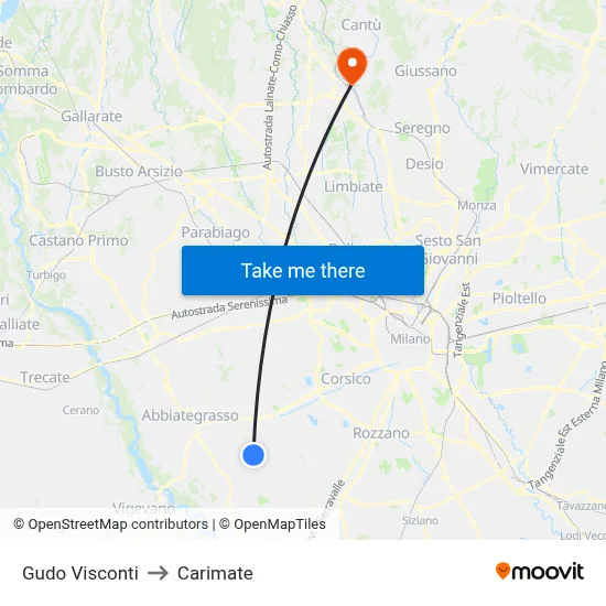 Gudo Visconti to Carimate map