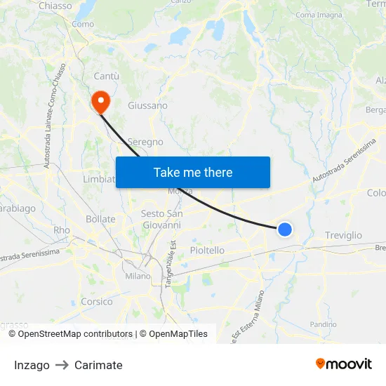 Inzago to Carimate map