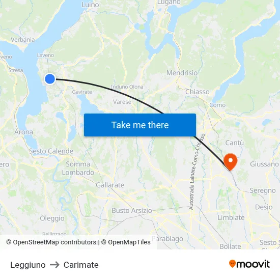 Leggiuno to Carimate map