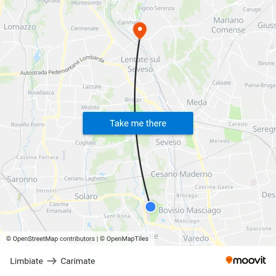 Limbiate to Carimate map
