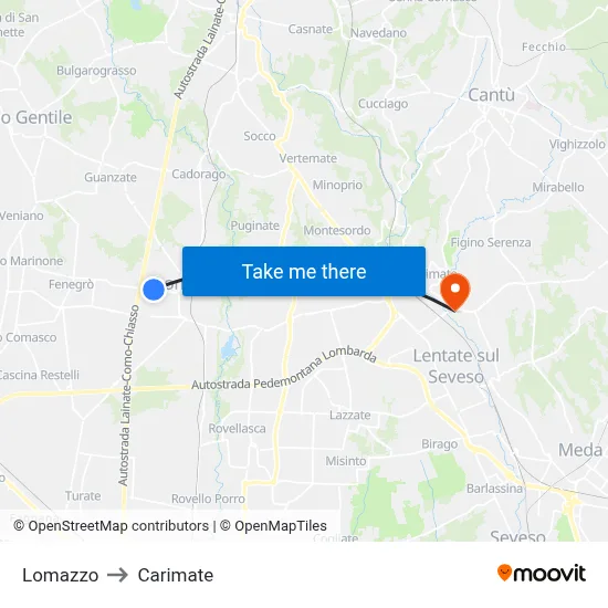Lomazzo to Carimate map