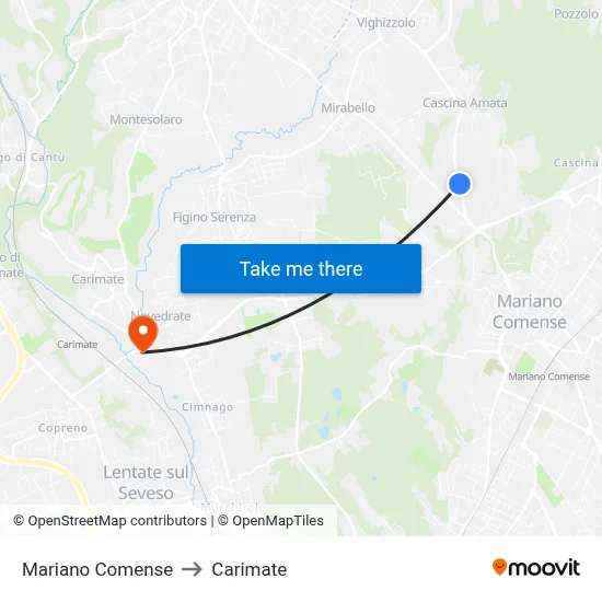 Mariano Comense to Carimate map