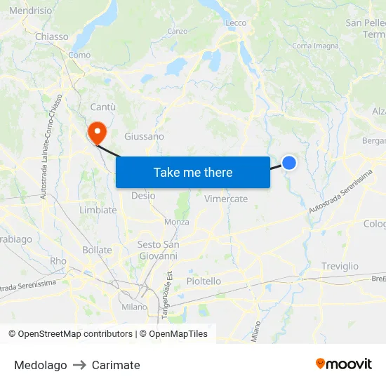 Medolago to Carimate map