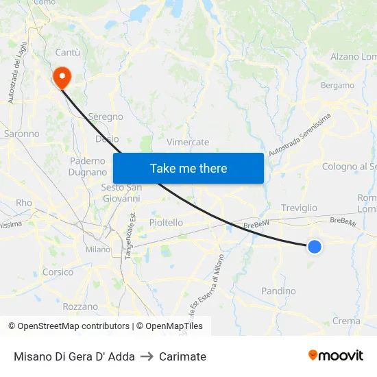 Misano di Gera d'Adda to Carimate map