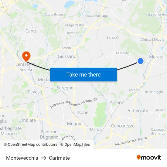Montevecchia to Carimate map