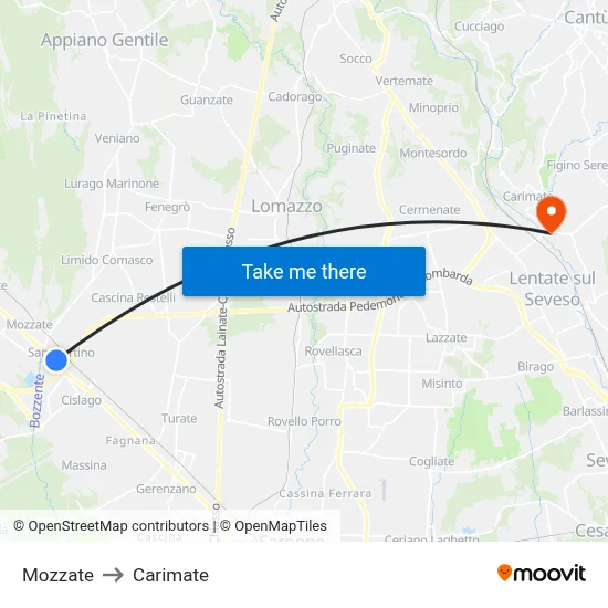 Mozzate to Carimate map