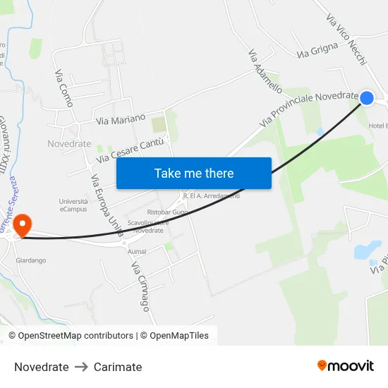 Novedrate to Carimate map