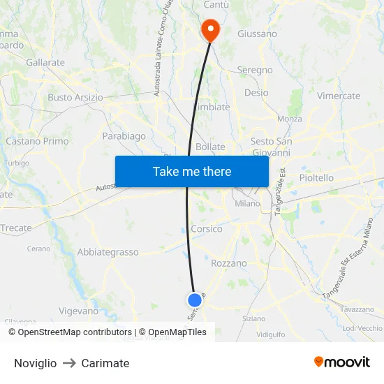Noviglio to Carimate map