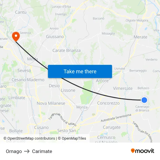 Ornago to Carimate map