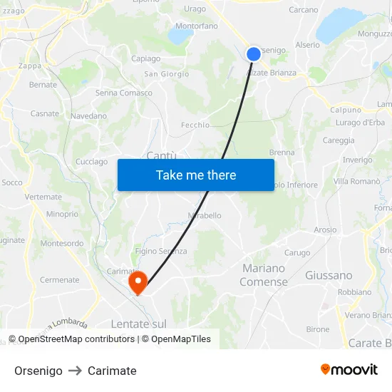Orsenigo to Carimate map
