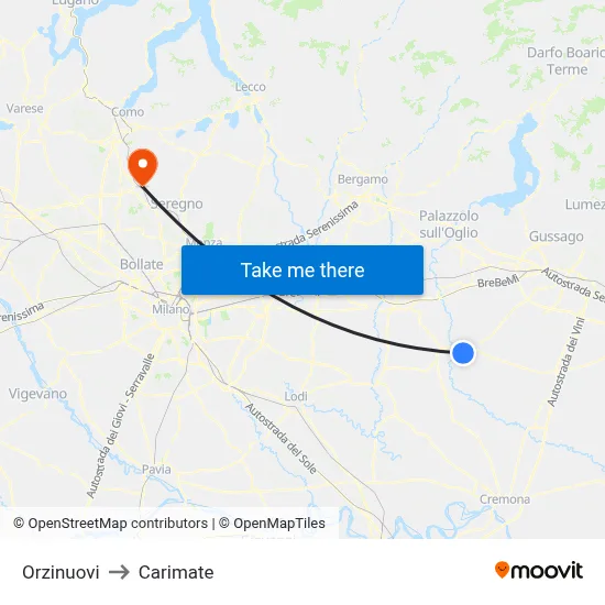 Orzinuovi to Carimate map