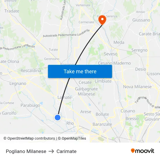 Pogliano Milanese to Carimate map