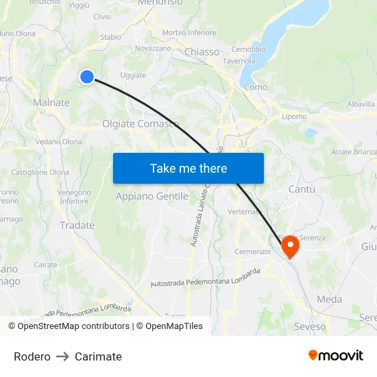 Rodero to Carimate map