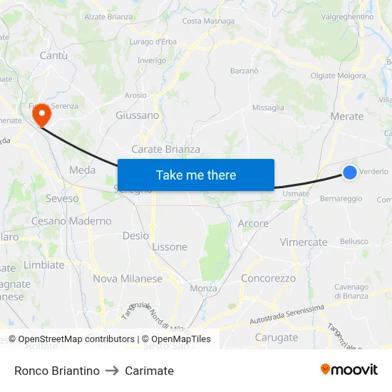 Ronco Briantino to Carimate map