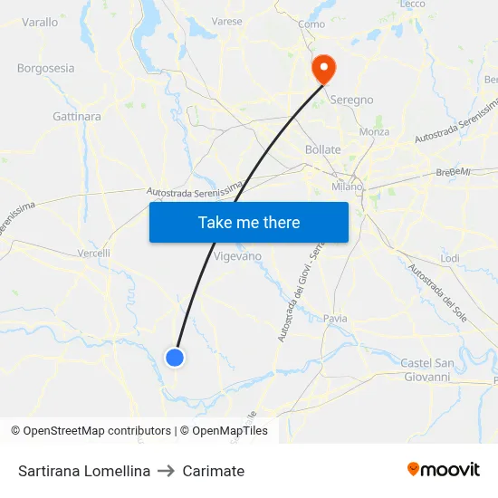 Sartirana Lomellina to Carimate map