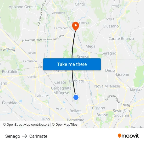 Senago to Carimate map