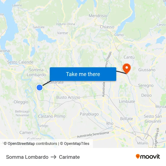 Somma Lombardo to Carimate map