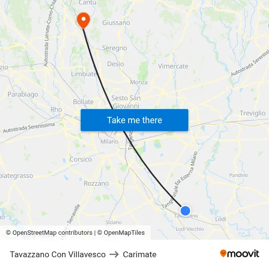 Tavazzano Con Villavesco to Carimate map