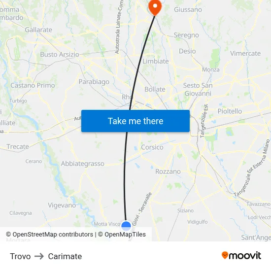 Trovo to Carimate map