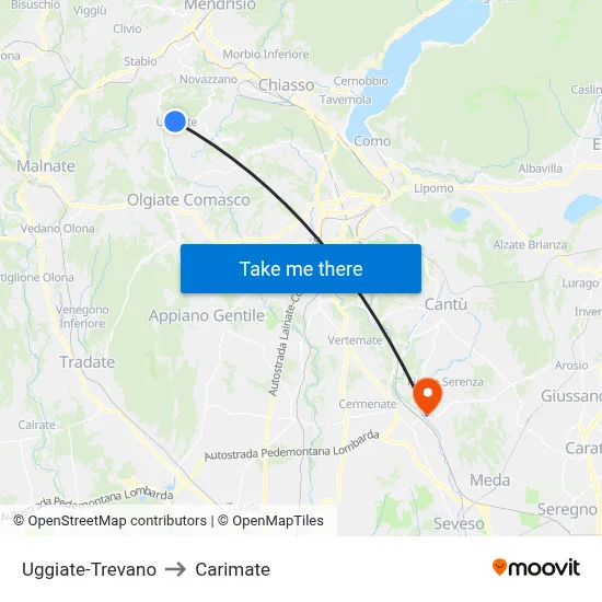 Uggiate-Trevano to Carimate map