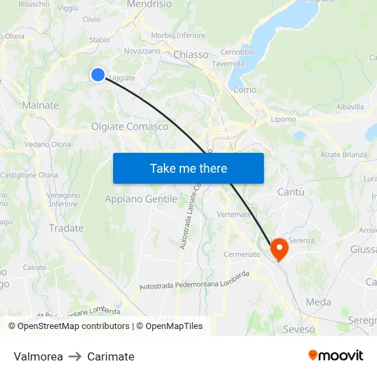 Valmorea to Carimate map