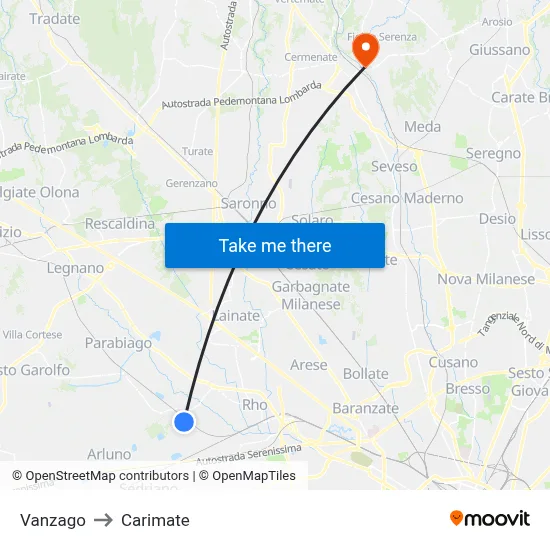 Vanzago to Carimate map