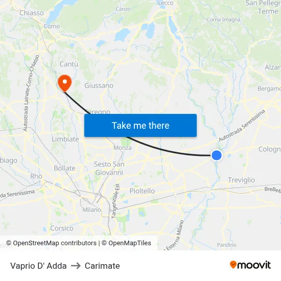 Vaprio d'Adda to Carimate map